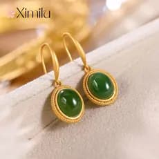 ♥ Brincos ovais originais Hetian Jasper estilo palácio joias retrô elegantes