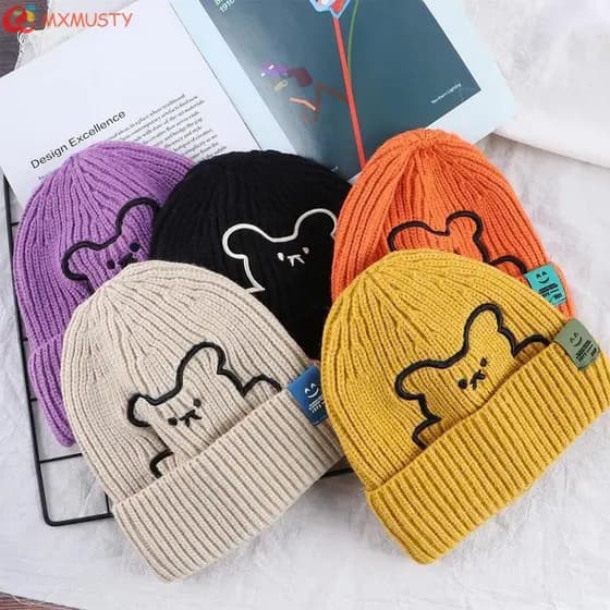 MXMUSTY Chapéu De Malha Quente Simples Listra Bordado Urso Inverno Outono Gorros Femininos