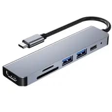 Hub USB-C 6 em 1 USB3.0 Adaptador OTG 2 USB-C HDMI compatível com slot TF SD PD Carregador Divisor para Notebooks