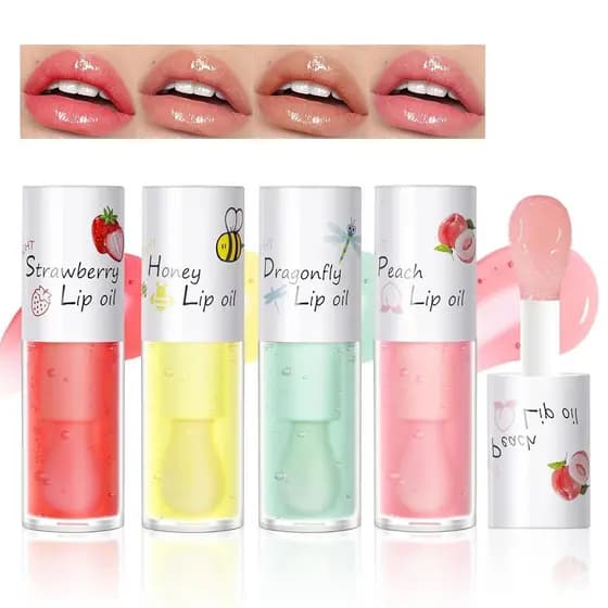 HOSAILY Kit com 4 óleos labiais em gel cristalino, óleo labial hidratante com sabor de frutas para cuidado dos lábios, ó