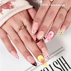 Unhas Postiças 3D Florzinha Polka Dot | Unhas Press-On Rosa Amarelo Amêndoa | Manicure Reutilizável Artesanal | Nail