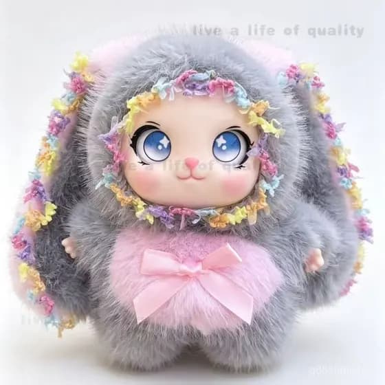 Este chaveiro de brinquedo é muito fofo; apresenta um boneco de coelho usando uma tiara, equipado com acessórios de chav