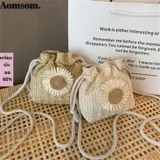 Bolsa Mensageiro AOMSOM , De Palha Tecida Multifuncional Com Fecho De Cordão Na Boca Design De Flor Boêmia Da Moda Para