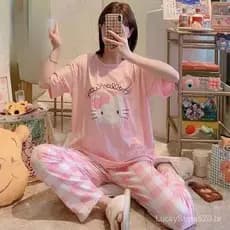 Conjunto de Pijama de Verão Feminino com Estampa do Snoopy – Manga Curta e Calças Compridas, Hello Kitty, Estampa de Des