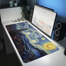 Mousepad Noite Estrelada Van Gogh Arte Pintura 80x30 Grande Antiderrapante Escritório