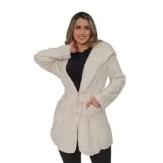 Casaco Feminino Longo de Pelúcia Teddy para Inverno com Capuz TED Pelinho Cores 5JFX
