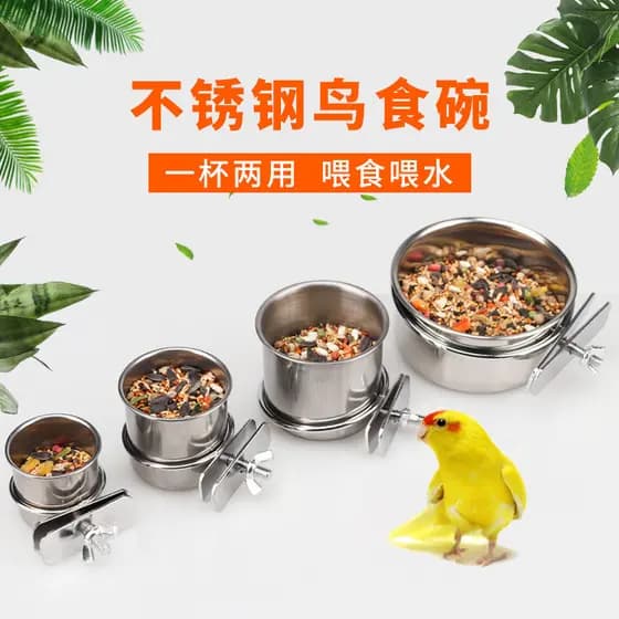 Copo de metal para comida de calopsita com suporte e clipe, caixa de comida para pássaros, tigela de alimentação em aço