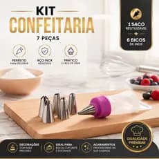 Kit Confeitaria 7 Peças Saco de Confeitar com 6 Bicos de Metal para Decoração de Bolos