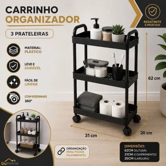 Carrinho Organizador 3 Prateleiras 4 Rodas Multiuso Banheiro Cozinha Livros Manicure Pequeno Duhome