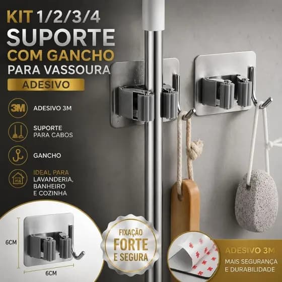 Organizador de Vassouras Inox Adesivo 3M Suporte para Cabos Rodo Esfregão Pendurar Panos Duhome