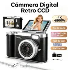 Câmera Digital CCD Vintage Portátil Preta Tela Giratória Selfie 4800 Megapixels 4K com Cartão 32GB