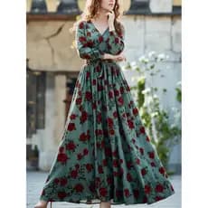 2026 Novo estilo retrô elegante cintura estreita estampada com decote em V manga comprida feminina