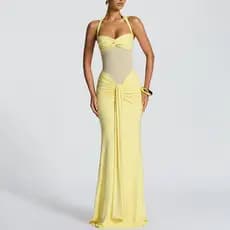 Novo estilo Halterneck rendas gaze costura Streamer saia longa vestido estilo vestido