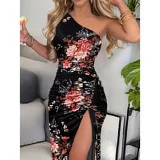 Novo estilo verão tubo superior Diagonal ombro impresso Hip vestido fenda alta magro-ajuste vestido longo