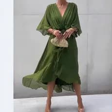 Vestido de festa vestido vestido casual2026 novo estilo europeu americano feminino cor sólida amarrado saia longa manga