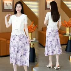 Elegante vestido Floral de renda feminino manga curta cintura estreita mais magro olhar temperamento saia de seda compri