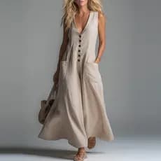 2026 primavera verão remendo bolso profundo decote em V saia longa senhoras sem mangas vestido de botão