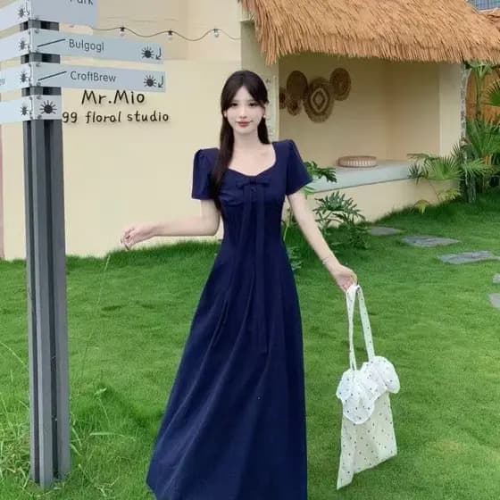 Francês estilo suave Bowknot vestido Design cintura alta mais magro olhar temperamento manga curta cor sólida branco A l