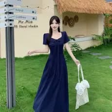 Francês estilo suave Bowknot vestido Design cintura alta mais magro olhar temperamento manga curta cor sólida branco A l