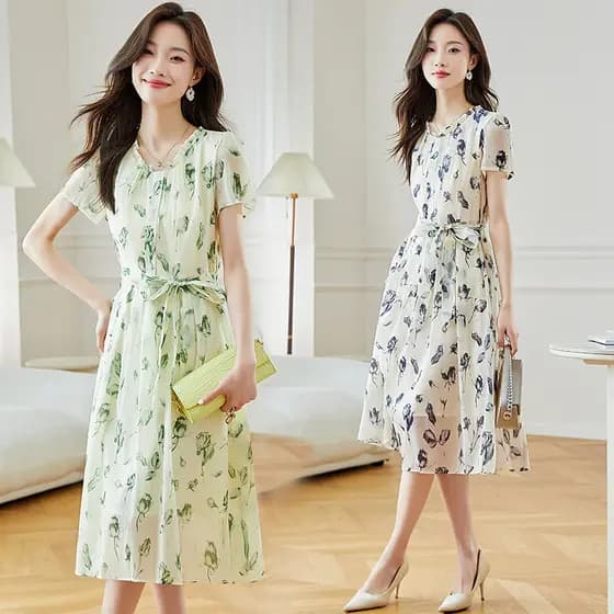 2026 Temperamento Solto Manga Curta Lace-Up Bowknot Saia Longa Deusa Fan Print Redutor de Idade
