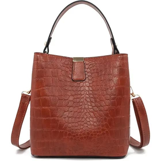 Carteira com padrão de crocodilo e alça transversal, bolsa tipo bucket para mulheres com alça superior.