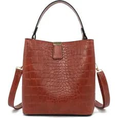 Carteira com padrão de crocodilo e alça transversal, bolsa tipo bucket para mulheres com alça superior.