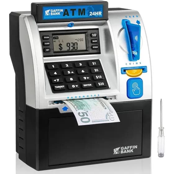 Cofrinho ATM, para Dinheiro Real, para Crianças, com Cartão de Débito, Contador de Notas, Contador de Moedas, Calculador