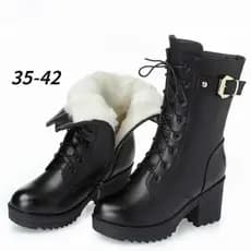 Botas de Inverno Femininas de Couro 2026, Botas de Salto Alto Quentes com Lã Espessa, Botas de Neve Femininas de Alta Qu