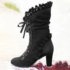 Botas Femininas de Salto Alto com Renda, Cano Médio, Botas de Couro Retro para o Inverno, Botas Cowboy Femininas FUSW