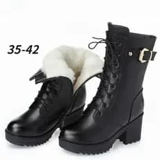 Botas de Inverno Femininas de Couro 2026, Botas de Salto Alto Quentes com Lã Espessa, Botas de Neve Femininas de Alta Qu