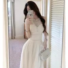 [Novidades] 2026 verão novo estilo elegante indústria pesada Super fada cintura estreita vestido mais fino saia longa