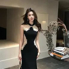 [Seckill por tempo limitado] Novo estilo chinês cor contrastante renda costura gola fivela vestido sem mangas feminino 2