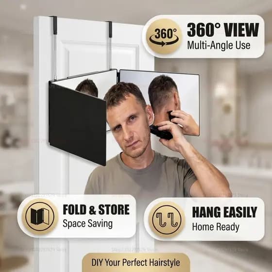 Espelho Portátil Dobrável De 3 Vias Para Corte De Cabelo Automático , 360 ° De Vaidade Panorâmico Com Três Dobras Gancho