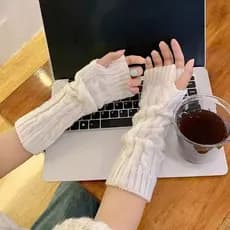 Luvas Femininas Longas Sem Dedos – Aquecedores de Braço Quentes, Grossos, Listrados em Cor Sólida, Tricô Elegante, Novo
