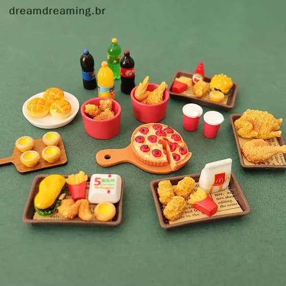 D-Toy 6 peças/10 conjuntos de brinquedos de fast food em miniatura para casa de bonecas, incluindo hambúrguer e copo de