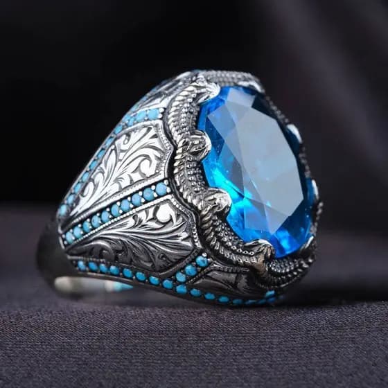 Anel vintage masculino de alta qualidade, incrustado com zircônia azul e diamantes azul-marinho, adequado para ocasiões