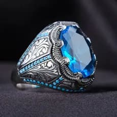 Anel vintage masculino de alta qualidade, incrustado com zircônia azul e diamantes azul-marinho, adequado para ocasiões
