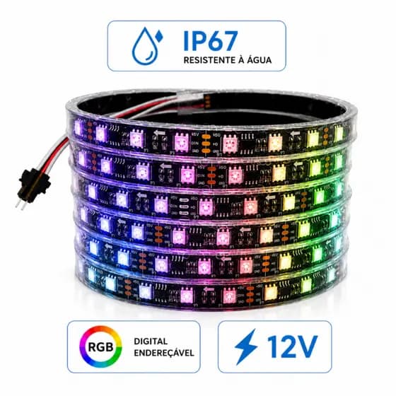 Fita de Led WS2811 RGB Digital Endereçável IP67 300 Leds 12v Rolo com 5m 60 Leds por Metro