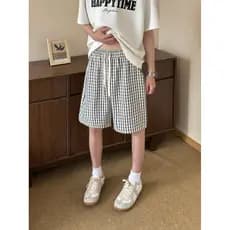 2026 novo estilo Seersucker verificado Shorts masculino verão estilo fino japonês preguiçoso estilo solto em linha reta