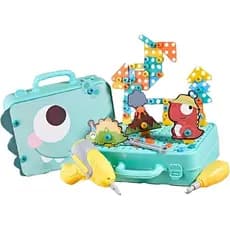 Kit Montagem Caixa de Ferramentas Educativo com Maleta Dino 163 Peças Parafusadeira Elétrica Crianças Brinquedo