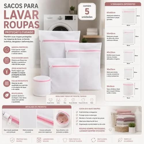 Conjunto Sacos Lavagem Roupas Delicadas Com Ziper Protecao Facil De Usar Reutilizavel Branco 5 Pecas