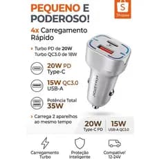 Carregador Veicular Turbo 35W 12Volts  H'Maston L12-4 USB QC3.0 + TIPO-C PD Carregamento Rápido