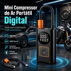 Mini Compressor de Ar Portátil Digital Recarregável USB-C Inflador Pneus Carro Moto Bicicleta