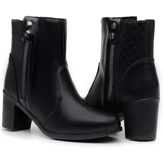 Bota Coturno Feminina Coturno com Salto Médio Cano Curto com Zíper Lateral Bico Fino