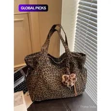 Leopard Print Plush Pendant Bag, Large Capacity Fashion Tote Bag for Work & Daily Use, Versatile Bag, Single Shoulder Cr