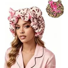 Touca de com estampa de leopardo e orelhas de urso de pelúcia rosa, forrada de cetim, ultraconfortável, ajuda a r