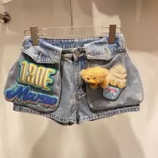 Novo Design sentido tridimensional urso Velcro Denim Shorts feminino solto magro