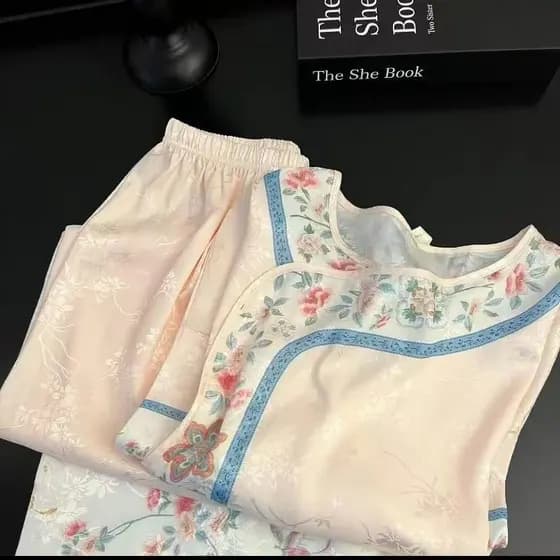Pijama estilo chinês feminino ~ estilo palácio estilo chinês retrô Hanfu estampado solto Loungewear