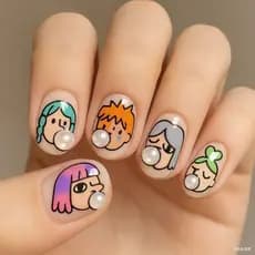 Menina monstro sopradora de bolhas usando unhas ~ desenho animado fofo produto acabado de unhas pré-fabricado ~ unhas de