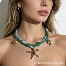 Pulseira trançada à mão em liga de zinco. Estilo de férias do oceano. Colar simples estrela do mar atacado